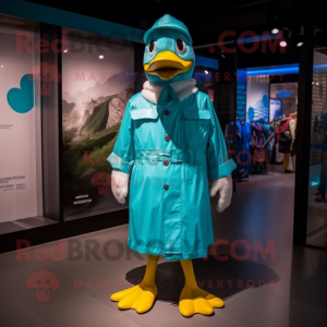 Cyan Goose mascot costume character dressed with a Raincoat and Suspenders