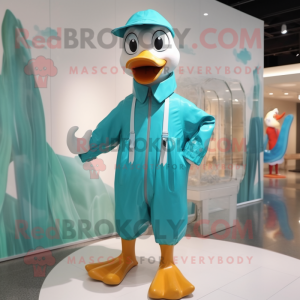 Cyan Goose mascot costume character dressed with a Raincoat and Suspenders