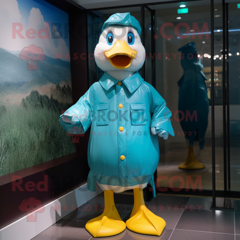 Cyan Goose mascot costume character dressed with a Raincoat and Suspenders