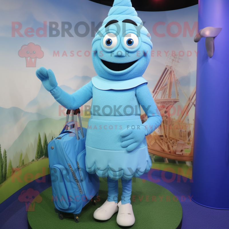Sky Blue Golf Bag mascot costume character dressed with a Sheath Dress and Rings Sky Blue Golf Bag mascot costume character dressed with a Sheath Dress and Rings