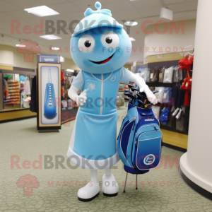 Sky Blue Golf Bag mascot costume character dressed with a Sheath Dress and Rings