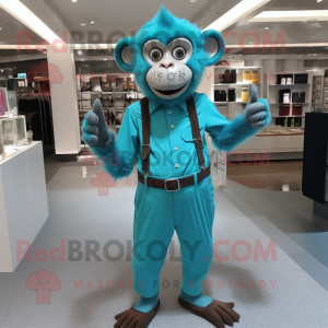 Turquoise Monkey mascot costume character dressed with a Dress Shirt and Suspenders