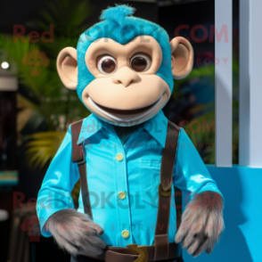 Turquoise Monkey mascot costume character dressed with a Dress Shirt and Suspenders