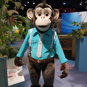 Turquoise Monkey mascot costume character dressed with a Dress Shirt and Suspenders