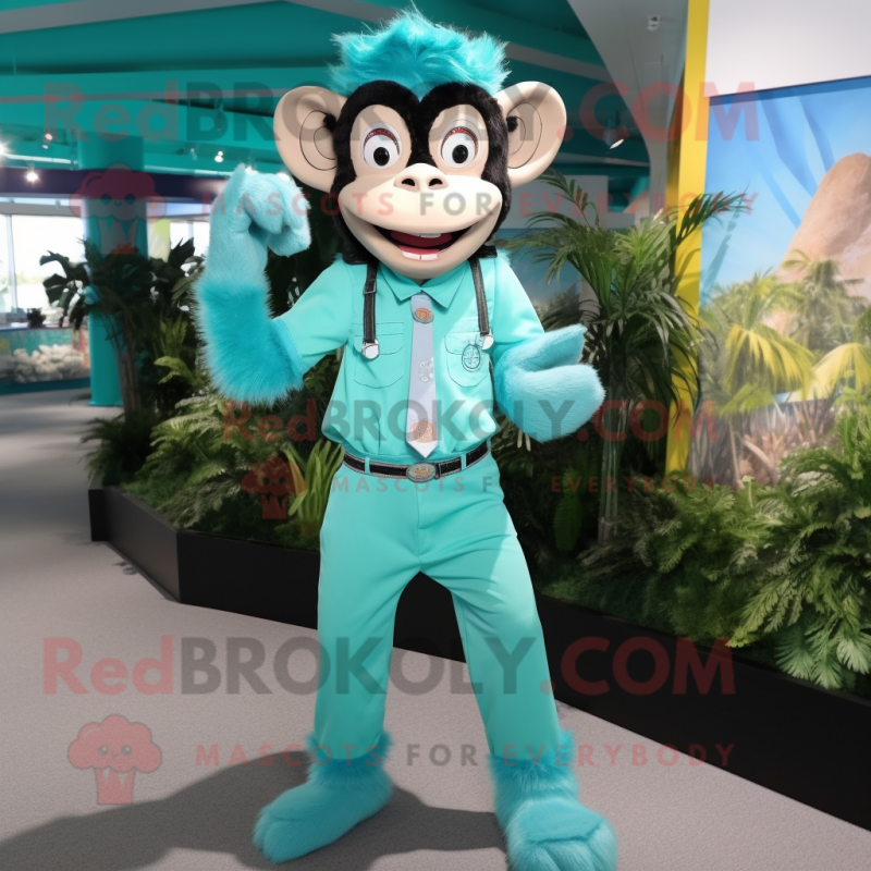 Turquoise Monkey mascot costume character dressed with a Dress Shirt and Suspenders