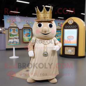 Beige Queen mascot costume character dressed with a Henley Shirt and Coin purses