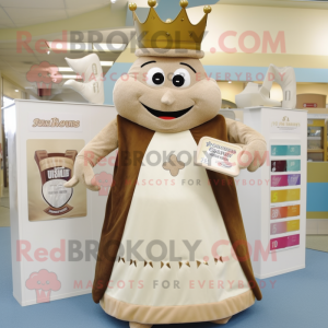 Beige Queen mascot costume character dressed with a Henley Shirt and Coin purses