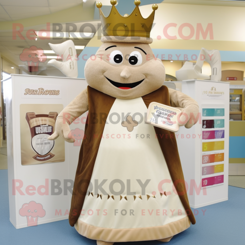 Beige Queen mascot costume character dressed with a Henley Shirt and Coin purses