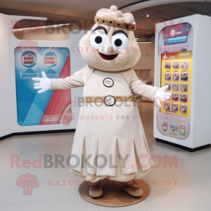 Beige Queen mascot costume character dressed with a Henley Shirt and Coin purses