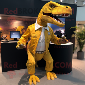 Gold Tyrannosaurus mascot costume character dressed with a Jeans and Cufflinks