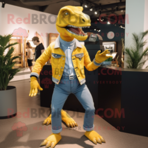 Gold Tyrannosaurus mascot costume character dressed with a Jeans and Cufflinks