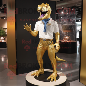 Gold Tyrannosaurus mascot costume character dressed with a Jeans and Cufflinks