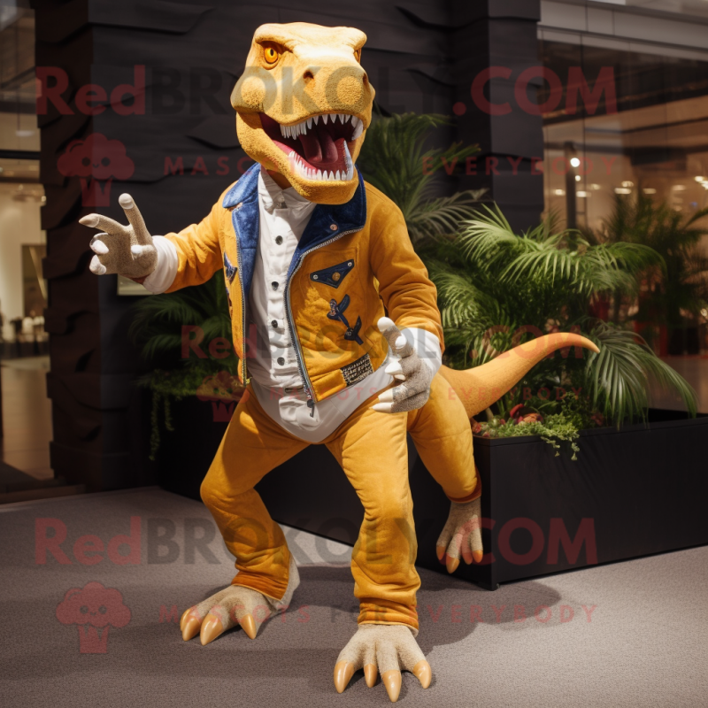 Gold Tyrannosaurus mascot costume character dressed with a Jeans and Cufflinks