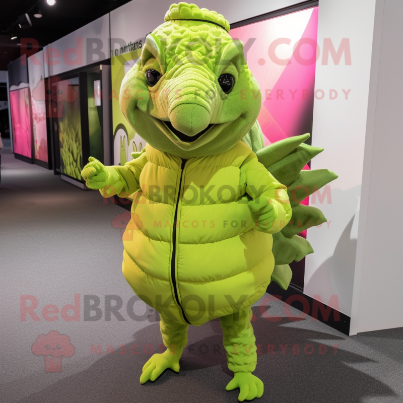 Lime Green Armadillo mascot costume character dressed with a Coat and Cummerbunds