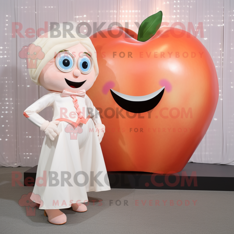 Peach Superhero mascot costume character dressed with a Wedding Dress and Pocket squares