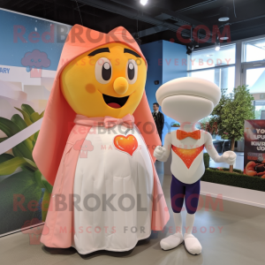 Peach Superhero mascot costume character dressed with a Wedding Dress and Pocket squares