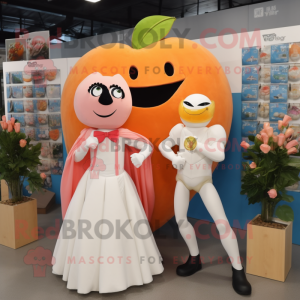 Peach Superhero mascot costume character dressed with a Wedding Dress and Pocket squares