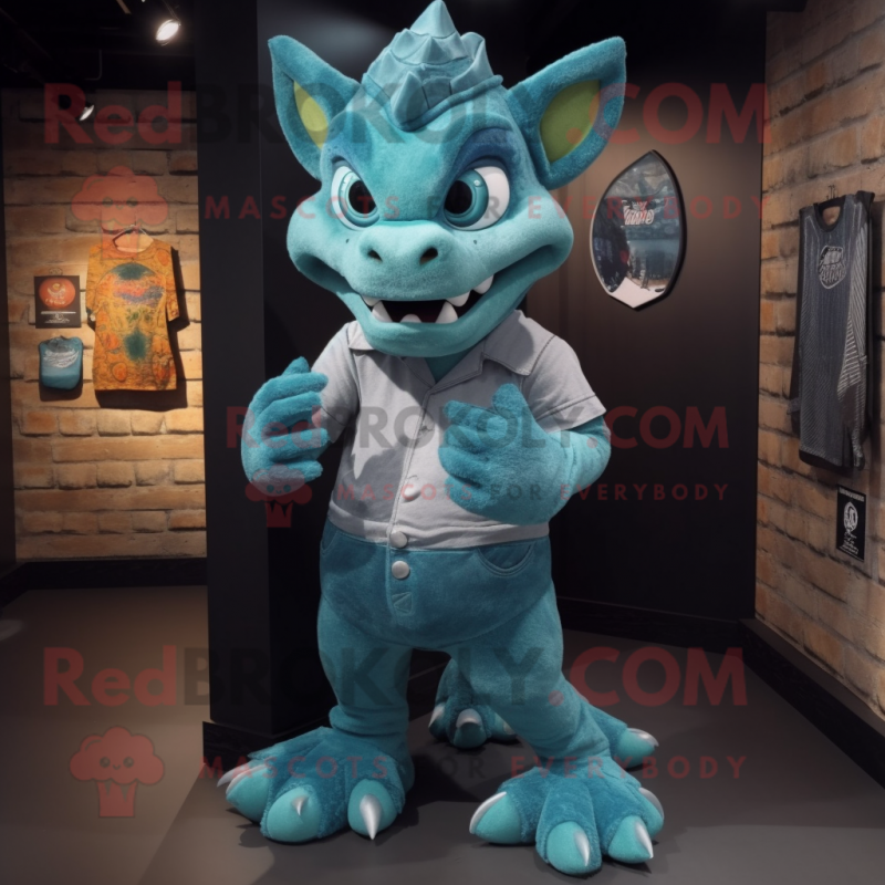 Teal Gargoyle mascot costume character dressed with a Boyfriend Jeans and Shoe laces Teal Gargoyle mascot costume character dressed with a Boyfriend Jeans and Shoe laces