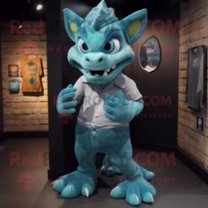 Teal Gargoyle mascot costume character dressed with a Boyfriend Jeans and Shoe laces