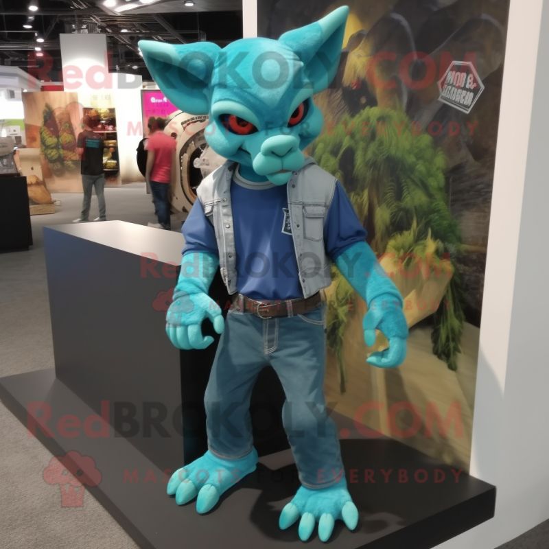 Teal Gargoyle mascot costume character dressed with a Boyfriend Jeans and Shoe laces