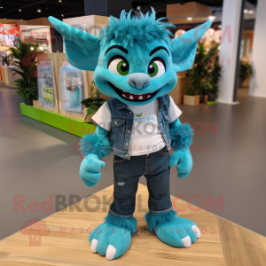 Teal Gargoyle mascot costume character dressed with a Boyfriend Jeans and Shoe laces