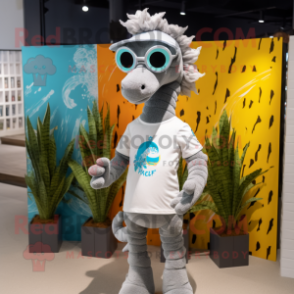 Gray Sea Horse mascot costume character dressed with a Graphic Tee and Sunglasses