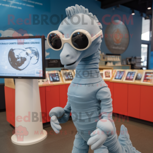 Gray Sea Horse mascot costume character dressed with a Graphic Tee and Sunglasses