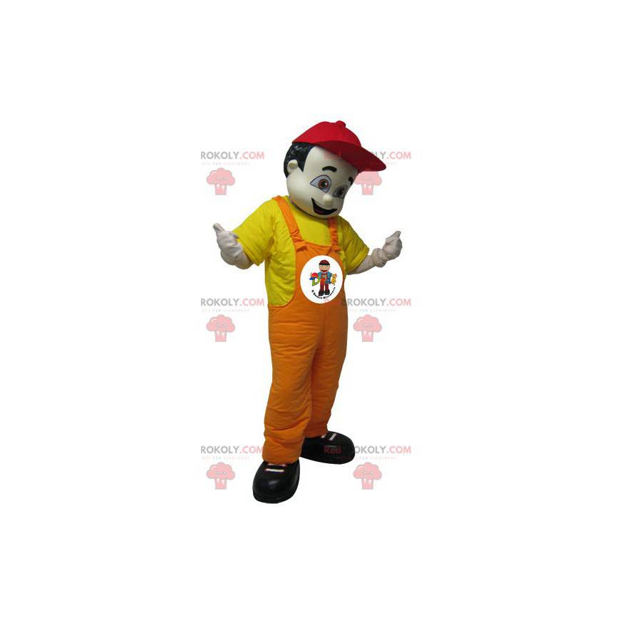 Mascotte d'homme brun en salopette. Mascotte de garagiste -