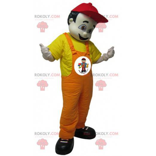 Mascotte d'homme brun en salopette. Mascotte de garagiste -