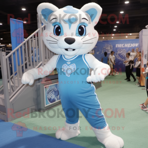 Sky Blue Bobcat mascot costume character dressed with a Tank Top and Hairpins