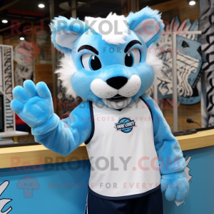 Sky Blue Bobcat mascot costume character dressed with a Tank Top and Hairpins