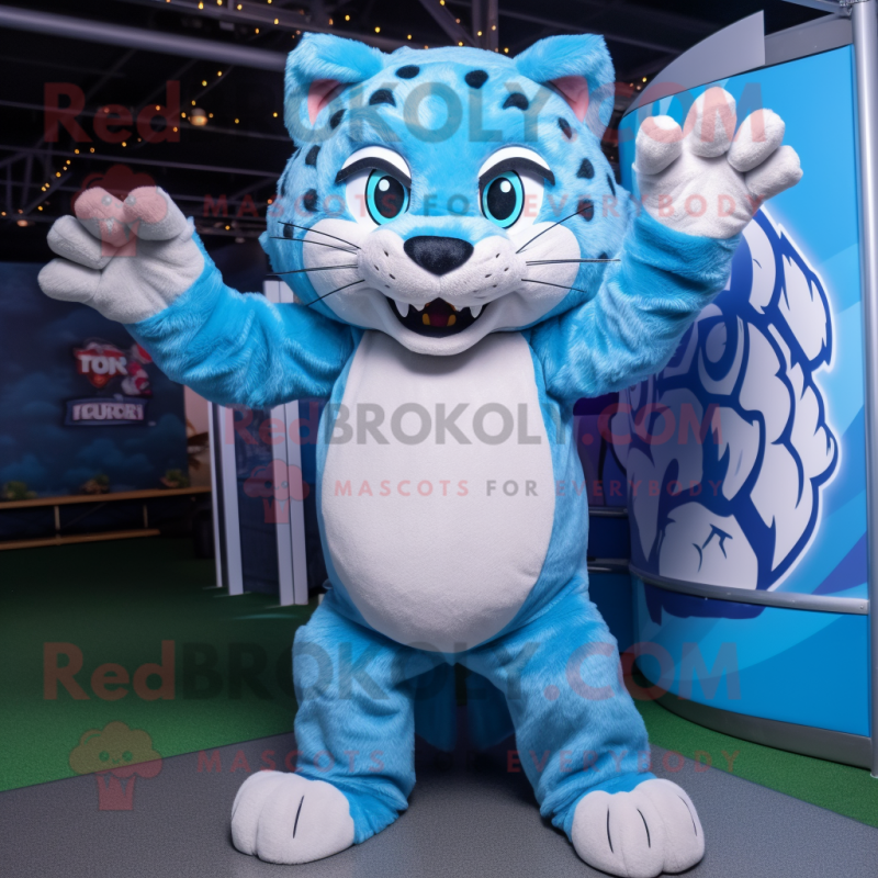 Sky Blue Bobcat mascot costume character dressed with a Tank Top and Hairpins