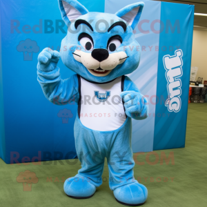 Sky Blue Bobcat mascot costume character dressed with a Tank Top and Hairpins