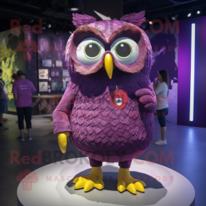 Purple Owl mascot costume character dressed with a Shorts and Brooches