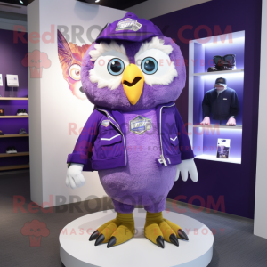Purple Owl mascot costume character dressed with a Shorts and Brooches