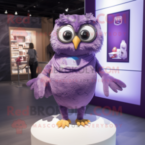 Purple Owl mascot costume character dressed with a Shorts and Brooches