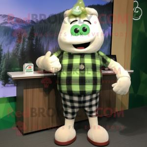 Cream Green Beer mascot costume character dressed with a Flannel Shirt and Bracelet watches
