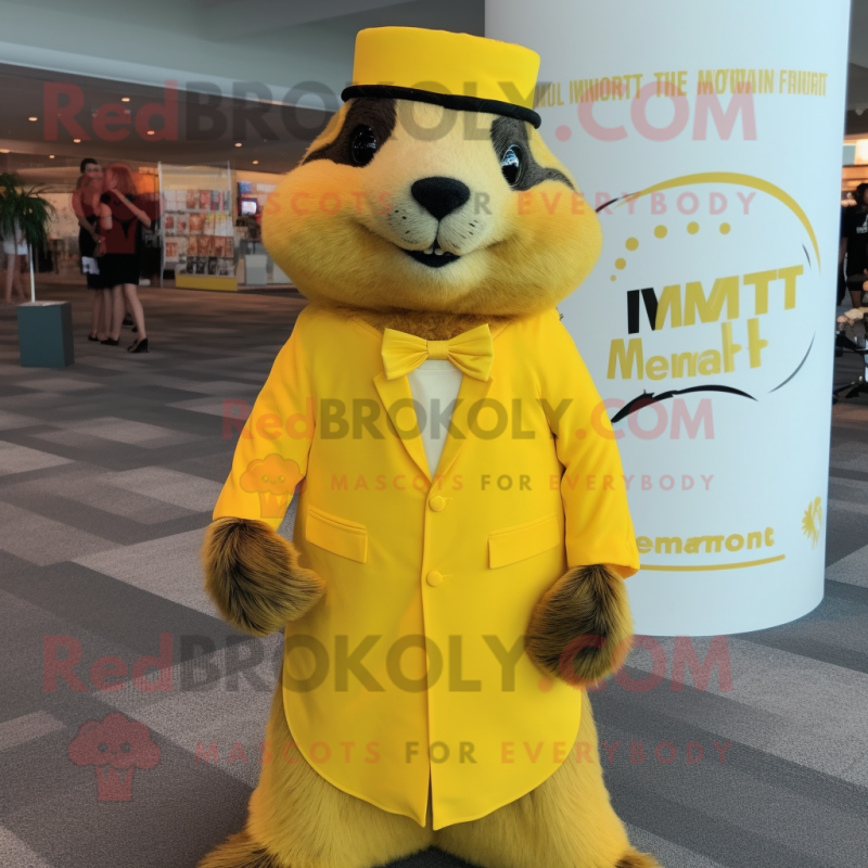 Lemon Yellow Marmot mascot costume character dressed with a Empire Waist Dress and Lapel pins