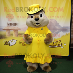 Lemon Yellow Marmot mascot costume character dressed with a Empire Waist Dress and Lapel pins