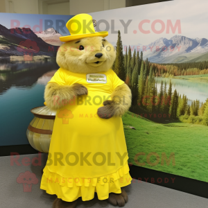 Lemon Yellow Marmot mascot costume character dressed with a Empire Waist Dress and Lapel pins