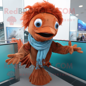 Rust Betta Fish mascot costume character dressed with a Long Sleeve Tee and Scarf clips