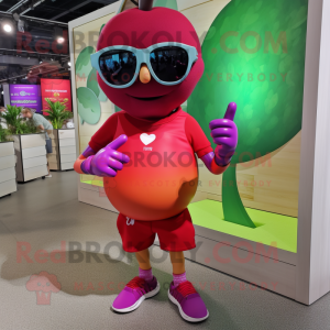 Magenta Apple mascot costume character dressed with a Bermuda Shorts and Sunglasses