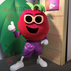 Magenta Apple mascot costume character dressed with a Bermuda Shorts and Sunglasses