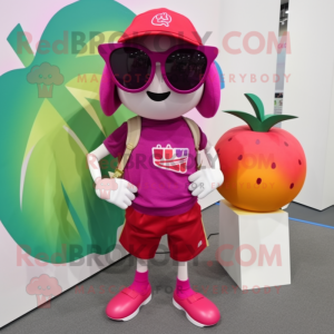 Magenta Apple mascot costume character dressed with a Bermuda Shorts and Sunglasses