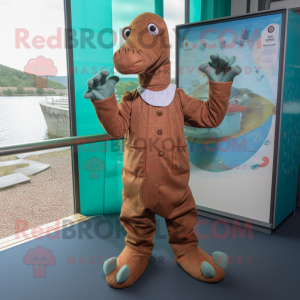 Rust Loch Ness Monster mascot costume character dressed with a Suit and Foot pads