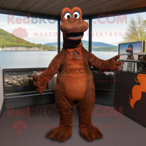 Rust Loch Ness Monster mascot costume character dressed with a Suit and Foot pads