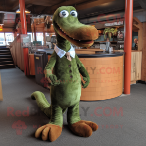 Rust Loch Ness Monster mascot costume character dressed with a Suit and Foot pads