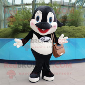 Cream Killer Whale mascot costume character dressed with a V-Neck Tee and Messenger bags