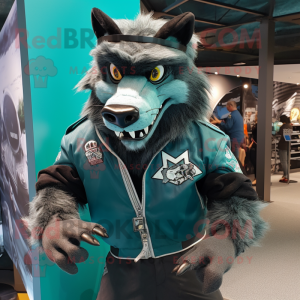 Teal Werewolf mascot costume character dressed with a Moto Jacket and Hats