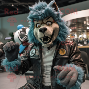 Teal Werewolf mascot costume character dressed with a Moto Jacket and Hats